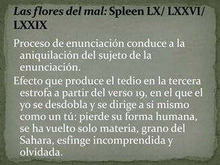 Proceso de enunciación conduce a la 
aniquilación del sujeto de la 
enunciación. 
Efecto que produce el tedio en la tercera 
estrofa a partir del verso 19, en el que el 
yo se desdobla y se dirige a sí mismo 
como un tú: pierde su forma humana, 
se ha vuelto solo materia, grano del 
Sahara, esfinge incomprendida y 
olvidada. 
 