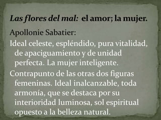 Apollonie Sabatier: 
Ideal celeste, espléndido, pura vitalidad, 
de apaciguamiento y de unidad 
perfecta. La mujer inteligente. 
Contrapunto de las otras dos figuras 
femeninas. Ideal inalcanzable, toda 
armonía, que se destaca por su 
interioridad luminosa, sol espiritual 
opuesto a la belleza natural. 
 