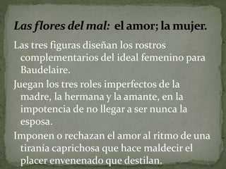 Las tres figuras diseñan los rostros 
complementarios del ideal femenino para 
Baudelaire. 
Juegan los tres roles imperfectos de la 
madre, la hermana y la amante, en la 
impotencia de no llegar a ser nunca la 
esposa. 
Imponen o rechazan el amor al ritmo de una 
tiranía caprichosa que hace maldecir el 
placer envenenado que destilan. 
 