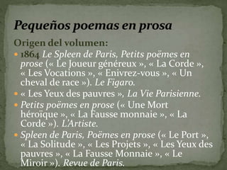 Origen del volumen: 
 1864 Le Spleen de Paris, Petits poëmes en 
prose (« Le Joueur généreux », « La Corde », 
« Les Vocations », « Enivrez-vous », « Un 
cheval de race »). Le Figaro. 
 « Les Yeux des pauvres », La Vie Parisienne. 
 Petits poëmes en prose (« Une Mort 
héroïque », « La Fausse monnaie », « La 
Corde »). L’Artiste. 
 Spleen de Paris, Poëmes en prose (« Le Port », 
« La Solitude », « Les Projets », « Les Yeux des 
pauvres », « La Fausse Monnaie », « Le 
Miroir »). Revue de Paris. 
 