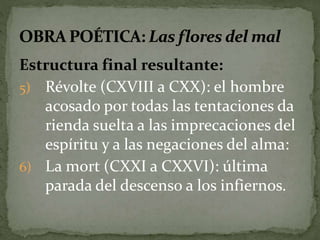 Estructura final resultante: 
5) Révolte (CXVIII a CXX): el hombre 
acosado por todas las tentaciones da 
rienda suelta a las imprecaciones del 
espíritu y a las negaciones del alma: 
6) La mort (CXXI a CXXVI): última 
parada del descenso a los infiernos. 
 