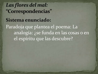 Sistema enunciado: 
Paradoja que plantea el poema: La 
analogía: ¿se funda en las cosas o en 
el espíritu que las descubre? 
 