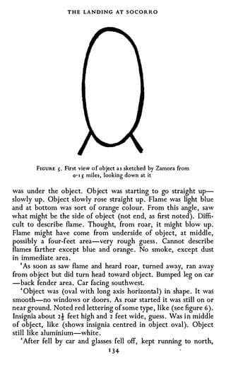 T H E LANDING AT S O CORRO




        FIGURE S ·   First view o f object a s sketched by Zamora from
                        o· 1 s miles , looking down at it


was under the object. Object was starting to go straight up­
slowly up . Obj ect slowly rose straight up . Flame was light blue
and at bottom was sort of orange colour. From this angle , saw
what might be the side of object (not end, as first noted ) . Diffi­
cult to describe flame . Thought, from roar, it might blow up .
Flame might have come from underside of obj ect, at middle,
possibly a four-feet area-very rough guess . Cannot describe
flames farther except blue and orange . No smoke, except dust
in immediate area .
   ' As soon as saw flame and heard roar, turned away, ran away
from object but did turn head toward obj ect. Bumped leg on car
-back fender area . Car facing southwest.
   ' Obj ect was (oval with long axis horizontal) in shape . It was
smooth-no windows or doors . As roar started it was still on or
near ground. Noted red lettering of some type , like (see figure 6).
Insignia about 2} feet high and 2 feet wide , guess . Was i n middle
of object, like (shows insignia centred in obj ect oval ) . Object
still like aluminium-white .
   ' After fell by car and glasses fell off, kept running to north,
                                      1 34
 