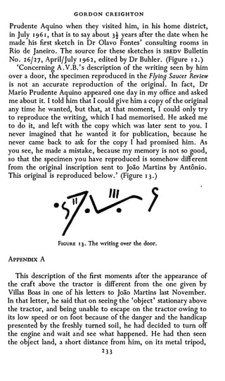 G ORD ON CREIGHTON
Prudente Aquino when they visited him, in his home district,
in July 1 96 I , that is to say about 3! years after the date when he
made his first sketch in Dr Olavo Fontes ' consulting rooms in
Rio de Janeiro . The source for these sketches is SBEDV Bulletin
No . 2 6j 2 7 , April/July I 96 2 , edited by Dr Buhler. (Figure 1 2 . )
   'Concerning A . V.B. ' s description of the writing seen by him
over a door, the specimen reproduced in the Flying Saucer Review
is not an accurate reproduction of the original. In fact, Dr
Mario Prudente Aquino appeared one day in my office and asked
me about it. I told him that I could give him a copy of the original
any time he wanted, but that, at that moment, I could only try
to reproduce the writing, which I had memorised. He asked me
to do it, and left with the copy which was later sent to you. I
never imagined that he wanted it for publication, because he
never came back to ask for the copy I had promised him. As
you see, he made a mistake, because my memory is not so good,
so that the specimen you have reproduced is somehow different
from the original inscription sent to Joao Martins by Antonio .
This original is reproduced below. ' (Figure I 3 .)



                           .� 1
                 FIGURE 1 3 . The   writing   over the door.


APPENDIX A

   This description of the first moments after the appearance of
the craft above the tractor is different from the one given by
Villas Boas in one of his letters to Joao Martins last November.
In that letter, he said that on seeing the 'object' stationary above
the tractor, and being unable to escape on the tractor owing to
its low speed or on foot because of the danger and the handicap
presented by the freshly turned soil, he had decided to tum off
the engine and wait and see what happened. He had then seen
the object land, a short distance from him, on its metal tripod,
                                 233
 