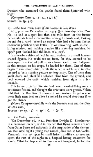 THE H U�iA N OIDS IN LATIN AMERICA
Doctors who examined the youths found them hysterical ·with
fiight.                                                     �

  ( �mpare Cases 9 ,        II,   q,
                                   ..   I S,   I S .)
Source : 1 o (p . s 1 ) .

I   3 . Linha Bela Vista, State   if Rio Grande do Sui, Brazil
   At s p . m . on December 1 I , I 9 S4 Uust two days after Case
No . Io and at a spot l ess than one mile from i t) the farmer
Pedro 11orais heard a commotion among his fowls and , looking
around for a hawk , beheld an obj ect ' that had a bottom like an
enormous polished brass kettle ' . It vas hovering, vith an oscil­
lating motion, and making a noise like a sewing machine . Its
upper part ' looked like the hood of a jeep ' .
   In a nearby cultivated field he next noticed two small human­
shaped figur�s . He could see no faces , for they seemed to be
enveloped in a kind of yellow sack from head to to e . Indignant
at this trespass on his crops , he headed for them . One of them
began to run towards him , while the other raised his arm in what
seemed to be a warning gesture to keep away . One of them then
knelt do"n and plucked a tobacco plant from the ground, and
both entered the craft , which vanished from sight in a few
seconds .
   This farmer, totally illiterate, had never heard o f flying saucers
or science fiction, and thought the creatures were ghosts . Vhen
told that the Brazilian Government was an. ious to get one of
                                                           x
these little n1en dead or alive he vowed he Yould shoot one if he
got the chance .
    (Note : Compare carefully with the So corro case and the Gary
Vilcox case . )
Sources : I o (p . 4 7 ) , I I (p . 2 2 ) , I 2 (p . 6 ) .

I +·   San Carlos, Venezuela
   ' On December I 6 , 1 9 54, President Dwight D . Eisenhower,
in a press-conference, said in essence that flying saucers are no t
from Outer Space and exist only in the imagination of the viewers .
On that same night a young man named Jesus Paz, in San Carlos ,
Venezuela , 'as set upon by small hairy man-like creatures and
spent the rest of the night in a hospital having treatment for
shock. Vhat had happened to him was not imagined ; he had the
                                        96
 