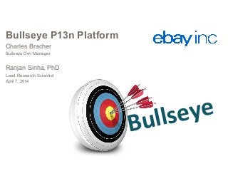Bullseye P13n Platform
April 7, 2014
Charles Bracher
Bullseye Dev Manager
Ranjan Sinha, PhD
Lead Research Scientist
Bullseye	
  
 