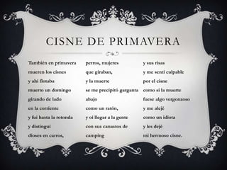 CISNE DE PRIMAVERA
También en primavera     perros, mujeres          y sus risas
mueren los cisnes        que giraban,             y me sentí culpable
y ahí flotaba            y la muerte              por el cisne
muerto un domingo        se me precipitó garganta como si la muerte
girando de lado          abajo                    fuese algo vergonzoso
en la corriente          como un ratón,           y me alejé
y fui hasta la rotonda   y oí llegar a la gente   como un idiota
y distinguí              con sus canastos de      y les dejé
dioses en carros,        camping                  mi hermoso cisne.
 