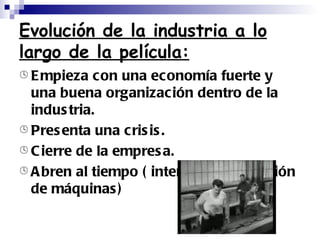 Evolución de la industria a lo largo de la película: Empieza con una economía fuerte y una buena organización dentro de la industria. Presenta una crisis. Cierre de la empresa. Abren al tiempo ( intento de reparación de máquinas) 