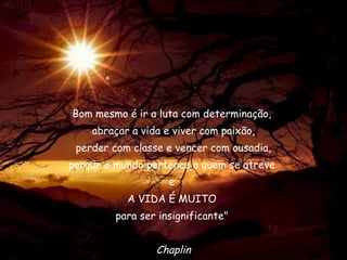 Bom mesmo é ir a luta com determinação,
abraçar a vida e viver com paixão,
perder com classe e vencer com ousadia,
porque o mundo pertence a quem se atreve
e
A VIDA É MUITO
para ser insignificante"
Chaplin
 