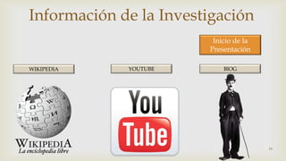 Información de la Investigación
Inicio de la
Presentación
WIKIPEDIA

YOUTUBE

BlOG

19

 