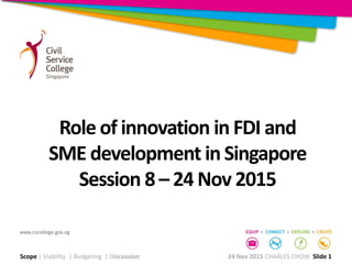 Role of innovation in FDI and
SME development in Singapore
Session 8 – 24 Nov 2015
Scope | Viability | Budgeting | Discussion 24 Nov 2015 CHARLES CHOW Slide 1
 