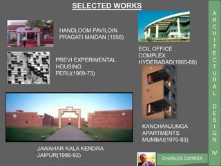A
R
C
H
I
T
E
C
T
U
R
A
L
D
E
S
I
G
N
IV
CHARLES CORREA
SELECTED WORKS
HANDLOOM PAVILOIN
PRAGATI MAIDAN (1958)
ECIL OFFICE
COMPLEX
HYDERABAD(1965-68)PREVI EXPERIMENTAL
HOUSING
PERU(1969-73)
KANCHANJUNGA
APARTMENTS
MUMBAI(1970-83)
JAWAHAR KALA KENDRA
JAIPUR(1986-92)
 