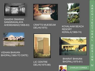 A
R
C
H
I
T
E
C
T
U
R
A
L
D
E
S
I
G
N
IV
CHARLES CORREA
KOVALAAM BEACH
RESORT
KERALA(1969-74)
LIC CENTRE
DELHI(1975-86)
GANDHI SMARAK
SANGRAHALAYA
AHEMDABAD(1958-63) CRAFTS MUESEUM
DELHI(1975)
VIDHAN BHAVAN
BHOPAL(1980-TO DATE)
BHARAT BHAVAN
BHOPAL(1975-81)
 