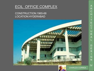 A
R
C
H
I
T
E
C
T
U
R
A
L
D
E
S
I
G
N
IV
CHARLES CORREA
ECIL OFFICE COMPLEX
CONSTRUCTION:1965-68
LOCATION:HYDERABAD
 