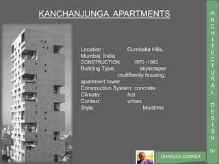 A
R
C
H
I
T
E
C
T
U
R
A
L
D
E
S
I
G
N
IV
CHARLES CORREA
KANCHANJUNGA APARTMENTS
Location : Cumballa Hills,
Mumbai, India
CONSTRUCTION: 1970 -1983
Building Type: skyscraper
multifamily housing,
apartment tower
Construction System: concrete
Climate: hot
Context: urban
Style: ModERN
 