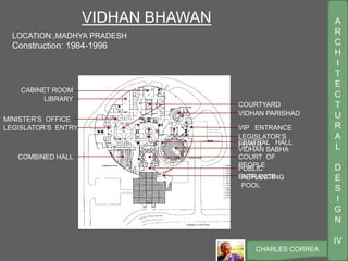 A
R
C
H
I
T
E
C
T
U
R
A
L
D
E
S
I
G
N
IV
CHARLES CORREA
VIDHAN BHAWAN
LOCATION:,MADHYA PRADESH
Construction: 1984-1996
PUBLIC
ENTRANCE
COURT OF
PEOPLE
CENTRAL HALL
COURTYARD
LEGISLATOR’S ENTRY
MINISTER’S OFFICE
LIBRARY
CABINET ROOM
VIDHAN PARISHAD
LEGISLATOR’S
FOYER
VIP ENTRANCE
VIDHAN SABHA
REFLECTING
POOL
COMBINED HALL
 
