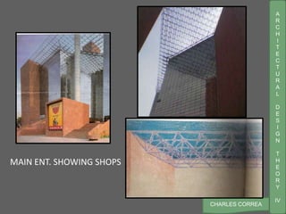 A
R
C
H
I
T
E
C
T
U
R
A
L
D
E
S
I
G
N
T
H
E
O
R
Y
IV
CHARLES CORREA
MAIN ENT. SHOWING SHOPS
 
