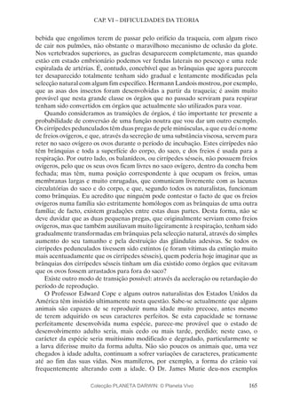 165
CAP. VI – DIFICULDADES DA TEORIA
bebida que engolimos terem de passar pelo orifício da traqueia, com algum risco
de cair nos pulmões, não obstante o maravilhoso mecanismo de oclusão da glote.
Nos vertebrados superiores, as guelras desaparecem completamente, mas quando
estão em estado embrionário podemos ver fendas laterais no pescoço e uma rede
espiralada de artérias. É, contudo, concebível que as brânquias que agora parecem
ter desaparecido totalmente tenham sido gradual e lentamente modificadas pela
selecção natural com algum fim específico. Hermann Landois mostrou, por exemplo,
que as asas dos insectos foram desenvolvidas a partir da traqueia; é assim muito
provável que nesta grande classe os órgãos que no passado serviram para respirar
tenham sido convertidos em órgãos que actualmente são utilizados para voar.
Quando consideramos as transições de órgãos, é tão importante ter presente a
probabilidade de conversão de uma função noutra que vou dar um outro exemplo.
Os cirrípedes pedunculados têm duas pregas de pele minúsculas, a que eu dei o nome
de freios ovígeros, e que, através da secreção de uma substância viscosa, servem para
reter no saco ovígero os ovos durante o período de incubação. Estes cirrípedes não
têm brânquias e toda a superfície do corpo, do saco, e dos freios é usada para a
respiração. Por outro lado, os balanídeos, ou cirrípedes sésseis, não possuem freios
ovígeros, pelo que os seus ovos ficam livres no saco ovígero, dentro da concha bem
fechada; mas têm, numa posição correspondente à que ocupam os freios, umas
membranas largas e muito enrugadas, que comunicam livremente com as lacunas
circulatórias do saco e do corpo, e que, segundo todos os naturalistas, funcionam
como brânquias. Eu acredito que ninguém pode contestar o facto de que os freios
ovígeros numa família são estritamente homólogos com as brânquias de uma outra
família; de facto, existem gradações entre estas duas partes. Desta forma, não se
deve duvidar que as duas pequenas pregas, que originalmente serviam como freios
ovígeros, mas que também auxiliavam muito ligeiramente à respiração, tenham sido
gradualmente transformadas em brânquias pela selecção natural, através do simples
aumento do seu tamanho e pela destruição das glândulas adesivas. Se todos os
cirrípedes pedunculados tivessem sido extintos (e foram vítimas da extinção muito
mais acentuadamente que os cirrípedes sésseis), quem poderia hoje imaginar que as
brânquias dos cirrípedes sésseis tinham um dia existido como órgãos que evitavam
que os ovos fossem arrastados para fora do saco?
Existe outro modo de transição possível: através da aceleração ou retardação do
período de reprodução.
O Professor Edward Cope e alguns outros naturalistas dos Estados Unidos da
América têm insistido ultimamente nesta questão. Sabe-se actualmente que alguns
animais são capazes de se reproduzir numa idade muito precoce, antes mesmo
de terem adquirido os seus caracteres perfeitos. Se esta capacidade se tornasse
perfeitamente desenvolvida numa espécie, parece-me provável que o estado de
desenvolvimento adulto seria, mais cedo ou mais tarde, perdido; neste caso, o
carácter da espécie seria muitíssimo modificado e degradado, particularmente se
a larva diferisse muito da forma adulta. Não são poucos os animais que, uma vez
chegados à idade adulta, continuam a sofrer variações de caracteres, praticamente
até ao fim das suas vidas. Nos mamíferos, por exemplo, a forma do crânio vai
frequentemente alterando com a idade. O Dr. James Murie deu-nos exemplos
Colecção PLANETA DARWIN: © Planeta Vivo
 