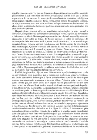 205
CAP. VII – OBJECÇÕES DIVERSAS
seguida, podemos observar que um dos cantos do penúltimo segmento é ligeiramente
proeminente, e por vezes tem uns dentes irregulares; é contra estes que o último
segmento se fecha. Através do aumento de tamanho desta projecção, e de ligeiras
modificações e aperfeiçoamentos da sua forma, assim como a do segmento terminal,
as pinças tornam-se cada vez mais perfeitas, até que formam um instrumento tão
eficaz como as pinças das lagostas; e podemos encontrar todas estas gradações nos
crustáceos que existem.
Os polizoários possuem, além dos aviculários, outros órgãos curiosos chamados
vibráculos, que geralmente consistem de umas longas cerdas, capazes de movimento
e facilmente excitáveis. Numa espécie que examinei, os vibráculos eram ligeiramente
arqueados e serreados ao longo do bordo externo; e todos os vibráculos do
mesmo polizoário moviam-se muitas vezes simultaneamente, de tal maneira que
pareciam longos remos e varriam rapidamente um detrito através da objectiva do
meu microscópio. Quando se coloca um detrito no seu rosto, as cerdas vibráteis
enredam-se e fazem violentos esforços para se libertar. Cremos que servem como
mecanismo de defesa ao animal, e, segundo as observações de Busk, podem ver-
-se a “varrer lenta e cuidadosamente a superfície do polizoário, removendo o que
possa ser nocivo aos delicados habitantes das células, quando os seus tentáculos
são projectados”. Os aviculários, como os vibráculos, servem provavelmente como
mecanismo de defesa, mas também apanham e matam os pequenos animais que se
julga serem depois levados pelas correntes, até estarem ao alcance dos tentáculos
dos zoóides. Algumas espécies são providas de aviculários e de vibráculos, outras só
de aviculários, e apenas algumas têm apenas vibráculos.
É difícil imaginar dois objectos mais diferentes em aparência do que uma cerda
ou um vibráculo, e um aviculário, que se parece com a cabeça de uma ave. Contudo,
são quase certamente homólogas e foram desenvolvidas a partir de uma origem
comum, nomeadamente um zoóide com a sua célula. Podemos, pois, compreender
como sucede que, em certos casos, estes órgãos passem gradualmente de um para
outro, como me afirmou Busk. Assim, nos aviculários de muitas espécies de Lepralia,
a mandíbula móvel é tão saliente e tão parecida com uma cerda que apenas a presença
de um bico superior ou fixo serve para determinar a natureza aviculária do órgão. Estas
cerdas podem ter sido desenvolvidas directamente a partir dos opérculos das células,
sem terem passado pela fase aviculária; mas é mais provável que tenham passado
por essa fase, pois parece difícil que, durante os estados iniciais da transformação, as
outras partes da célula, com o zoóide incluído, tenham desaparecido de repente. Em
muitos casos, os vibráculos têm na base um suporte canelado, que parece representar
o bico fixo, apesar de este suporte não existir em algumas espécies. Esta teoria acerca
do desenvolvimento dos vibráculos, se for digna de crédito, é interessante, pois
supondo que todas as espécies providas de aviculários já se extinguiram, nem alguém
com a imaginação mais fértil conseguiria imaginar que os vibráculos haviam existido
originalmente como parte de um órgão parecido com a cabeça de uma ave ou com
uma caixa irregular, ou com um capuz. É interessante ver dois órgãos tão diferentes
desenvolver-se partindo de uma origem comum; assim, se o opérculo móvel da célula
serve de defesa para aos zoóides, não é difícil acreditar que todas as gradações por que
o lábio passou até se transformar, primeiro em mandíbula inferior de um aviculário
Colecção PLANETA DARWIN: © Planeta Vivo
 