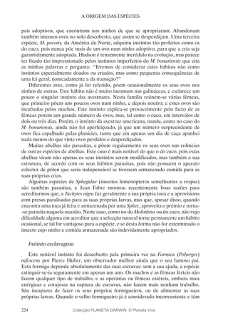 224
A ORIGEM DAS ESPÉCIES
pais adoptivos, que encontram nos ninhos de que se apropriaram. Abandonam
também imensos ovos no solo descoberto, que assim se desperdiçam. Uma terceira
espécie, M. pecoris, da América do Norte, adquiriu instintos tão perfeitos como os
do cuco, pois nunca põe mais de um ovo num ninho adoptivo, para que a cria seja
garantidamente adoptada. Hudson é tenazmente incrédulo na evolução, mas parece
ter ficado tão impressionado pelos instintos imperfeitos do M. bonariensis que cita
as minhas palavras e pergunta: “Teremos de considerar estes hábitos não como
instintos especialmente doados ou criados, mas como pequenas consequências de
uma lei geral, nomeadamente a da transição?”
Diferentes aves, como já foi referido, põem ocasionalmente os seus ovos nos
ninhos de outras. Este hábito não é muito incomum nas galináceas, e esclarece um
pouco o singular instinto das avestruzes. Nesta família reúnem-se várias fêmeas,
que primeiro põem uns poucos ovos num ninho, e depois noutro; e estes ovos são
incubados pelos machos. Este instinto explica-se provavelmente pelo facto de as
fêmeas porem um grande número de ovos, mas, tal como o cuco, em intervalos de
dois ou três dias. Porém, o instinto da avestruz americana, nandu, como no caso do
M. bonariensis, ainda não foi aperfeiçoado, já que um número surpreendente de
ovos fica espalhado pelas planícies, tanto que em apenas um dia de caça apanhei
nada menos do que vinte ovos perdidos e desperdiçados.
Muitas abelhas são parasitas, e põem regularmente os seus ovos nas colmeias
de outras espécies de abelhas. Este caso é mais notável do que o do cuco, pois estas
abelhas viram não apenas os seus instintos serem modificados, mas também a sua
estrutura, de acordo com os seus hábitos parasitas, pois não possuem o aparato
colector de pólen que seria indispensável se tivessem armazenado comida para as
suas próprias crias.
Algumas espécies de Sphegidae (insectos himenópteros semelhantes a vespas)
são também parasitas, e Jean Fabre mostrou recentemente boas razões para
acreditarmos que, a Tachytes nigra faz geralmente a sua própria toca e a aprovisiona
com presas paralisadas para as suas próprias larvas, mas que, apesar disso, quando
encontra uma toca já feita e armazenada por uma Sphex, aproveita o prémio e torna-
-se parasita naquela ocasião. Neste caso, como no do Molothrus ou do cuco, não vejo
dificuldade alguma em acreditar que a selecção natural torne permanente um hábito
ocasional, se tal for vantajoso para a espécie, e se desta forma não for exterminado o
insecto cujo ninho e comida armazenada são indevidamente apropriados.
Instinto esclavagista
Este notável instinto foi descoberto pela primeira vez na Formica (Polyerges)
rufescens por Pierre Huber, um observador melhor ainda que o seu famoso pai.
Esta formiga depende absolutamente das suas escravas: sem a sua ajuda, a espécie
extinguir-se-ia seguramente em apenas um ano. Os machos e as fêmeas férteis não
fazem qualquer tipo de trabalho, e as operárias ou fêmeas estéreis, embora mais
enérgicas e corajosas na captura de escravas, não fazem mais nenhum trabalho.
São incapazes de fazer os seus próprios formigueiros, ou de alimentar as suas
próprias larvas. Quando o velho formigueiro já é considerado inconveniente e têm
Colecção PLANETA DARWIN: © Planeta Vivo
 
