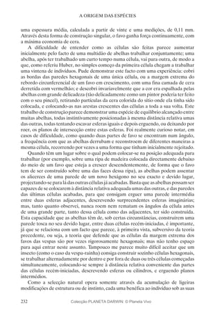 232
A ORIGEM DAS ESPÉCIES
uma espessura média, calculada a partir de vinte e uma medições, de 0,11 mm.
Através desta forma de construção singular, o favo ganha força continuamente, com
a máxima economia de cera.
A dificuldade de entender como as células são feitas parece aumentar
inicialmente pelo facto de uma multidão de abelhas trabalhar conjuntamente; uma
abelha, após ter trabalhado um curto tempo numa célula, vai para outra, de modo a
que, como referiu Huber, no simples começo da primeira célula chegam a trabalhar
uma vintena de indivíduos. Pude demonstrar este facto com uma experiência: cobri
as bordas das paredes hexagonais de uma única célula, ou a margem extrema do
rebordo circunferencial de um favo em crescimento, com uma fina camada de cera
derretida com vermelhão; e descobri invariavelmente que a cor era espalhada pelas
abelhas com grande delicadeza (tão delicadamente como um pintor poderia ter feito
com o seu pincel), retirando partículas da cera colorida do sítio onde ela tinha sido
colocada, e colocando-as nas arestas crescentes das células a toda a sua volta. Este
trabalho de construção parece demonstrar uma espécie de equilíbrio alcançado entre
muitas abelhas, todas instintivamente posicionadas à mesma distância relativa umas
das outras, todas tentando escavar esferas iguais e depois erguendo, ou deixando por
roer, os planos de intersecção entre estas esferas. Foi realmente curioso notar, em
casos de dificuldade, como quando duas partes de favo se encontram num ângulo,
a frequência com que as abelhas derrubam e reconstroem de diferentes maneiras a
mesma célula, recorrendo por vezes a uma forma que tinham inicialmente rejeitado.
Quando têm um lugar sobre o qual podem colocar-se na posição adequada para
trabalhar (por exemplo, sobre uma ripa de madeira colocada directamente debaixo
do meio de um favo que esteja a crescer descendentemente, de forma que o favo
tem de ser construído sobre uma das faces dessa ripa), as abelhas podem assentar
os alicerces de uma parede de um novo hexágono no seu exacto e devido lugar,
projectando-se para lá das outras células já acabadas. Basta que as abelhas possam ser
capazes de se colocarem à distância relativa adequada umas das outras, e das paredes
das últimas células acabadas, para que consigam erguer uma parede intermédia
entre duas esferas adjacentes, descrevendo surpreendentes esferas imaginárias;
mas, tanto quanto observei, nunca roem nem rematam os ângulos da célula antes
de uma grande parte, tanto dessa célula como das adjacentes, ter sido construída.
Esta capacidade que as abelhas têm de, sob certas circunstâncias, construírem uma
parede tosca no seu devido lugar, entre duas células recém-iniciadas, é importante,
já que se relaciona com um facto que parece, à primeira vista, subversivo da teoria
precedente, ou seja, a teoria que defende que as células da margem extrema dos
favos das vespas são por vezes rigorosamente hexagonais; mas não tenho espaço
para aqui entrar neste assunto. Tampouco me parece muito difícil aceitar que um
insecto (como o caso da vespa-rainha) consiga construir sozinho células hexagonais,
se trabalhar alternadamente por dentro e por fora de duas ou três células começadas
simultaneamente, colocando-se sempre à distância relativa conveniente das partes
das células recém-iniciadas, descrevendo esferas ou cilindros, e erguendo planos
intermédios.
Como a selecção natural opera somente através da acumulação de ligeiras
modificações de estrutura ou de instinto, cada uma benéfica ao indivíduo sob as suas
Colecção PLANETA DARWIN: © Planeta Vivo
 
