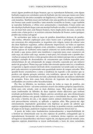 45
CAP. I – VARIAÇÃO SOB DOMESTICAÇÃO
cruzei alguns pombos-de-leque brancos, que se reproduzem fielmente, com alguns
barbados negros (as variedades azuis do barbado são tão raras que nunca ouvi falar
da existência de um único exemplar em Inglaterra), e obtive aves negras, castanhas e
com manchas. Também cruzei um barbado com uma pomba-do-orvalho, que é uma
ave branca com cauda vermelha e uma mancha vermelha na fronte, e que também
se reproduz fielmente, e obtive aves acinzentadas e manchadas. Cruzei então um
dos mestiços barbado-leque com um mestiço barbado-orvalho, e o resultado foi uma
ave do mais belo azul, com flancos brancos, barra dupla preta nas asas, e penas da
cauda com a faixa preta e as rectrizes externas limitadas de branco, como qualquer
pombo-das-rochas selvagem!
Se aceitarmos que todas as raças de pombos domésticos derivam do pombo-
-das-rochas, obtemos explicação para estes factos com o princípio da regressão
aos caracteres dos antepassados; se negarmos esta origem, temos de colocar uma
das duas hipóteses seguintes, ambas altamente improváveis: ou todos os supostos
diversos tipos selvagens originais eram coloridos e marcados como o pombo-das-
rochas (apesar de nenhuma outra espécie existente ser assim colorida e marcada),
de modo a que possa existir uma tendência à regressão para esses caracteres em
cada raça; ou então cada raça, mesmo a mais pura, foi cruzada com o pombo-das-
-rochas no espaço de doze a vinte gerações (dou este número porque não se conhece
qualquer exemplo de descendentes de cruzamentos que tenham regredido para
características de um antepassado de sangue estranho, separado por um número
maior de gerações). Numa raça que tenha sido cruzada apenas uma vez, a tendência
à regressão a algum carácter derivado deste cruzamento vai sendo cada vez menor,
pois cada sucessora vai possuindo uma quantidade menor de sangue estranho. Mas
quando houve cruzamentos e existe a tendência de regredir a um carácter que se
perdera em alguma geração anterior, esta tendência, apesar do que foi dito em
contrário, pode ser transmitida em toda a plenitude durante um número indefinido
de gerações. Estes dois casos bem diversos de regressão são frequentemente
confundidos em escritos sobre hereditariedade.
Por fim, os híbridos, ou mestiços, nados de todas as raças de pombos, são
perfeitamente férteis – tal como constatei através das minhas próprias experiências,
feitas para este estudo, com as mais distintas raças. Mas quase não existem
casos confirmados de híbridos de duas espécies muito diferentes que tenham
resultado perfeitamente férteis. Alguns autores acreditam que uma domesticação
prolongada elimina esta grande tendência para a esterilidade das espécies. Tendo
em conta a história do cão, e de alguns outros animais domésticos, esta opinião
está provavelmente correcta, se aplicada a espécies afins. Mas parece-me algo
extremamente imprudente generalizar esta hipótese ao ponto de admitir que
espécies originalmente tão distintas como são hoje os pombos correio, cambalhota,
de-papo ou de-leque, pudessem originar crias perfeitamente férteis inter se.
A partir de todos estes fundamentos (nomeadamente: a improbabilidade de
o homem ter domesticado sete ou oito espécies de pombos, conseguindo que se
reproduzissem livremente em cativeiro; a existência destas espécies em estado
selvagem ser desconhecida e não haver registo de, em alguma parte do mundo, estas
supostas espécies domésticas se terem assilvestrado; o facto de estas variedades
Colecção PLANETA DARWIN: © Planeta Vivo
 