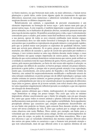 55
CAP. I – VARIAÇÃO SOB DOMESTICAÇÃO
os frutos maiores, ou que brotavam mais cedo, ou mais saborosos, e faziam novas
plantações a partir deles, então (com alguma ajuda do cruzamento de espécies
diferentes), nasceram essas numerosas e admiráveis variedades de morangos que
surgiram durante os últimos cinquenta anos.
Relativamente aos animais, a capacidade de prevenir cruzamentos é um
elemento importante na formação de novas raças – pelo menos num país que já
possui outras raças. A este respeito, é também importante o papel dos cercados. Os
povos nómadas, ou os habitantes de planícies abertas, raramente possuem mais que
uma raça da mesma espécie. Os pombos acasalam para a vida, o que é extremamente
conveniente para o criador, pois assim é mais fácil melhorar certas raças, mantendo
a sua pureza, apesar de todas as aves estarem confinadas num mesmo espaço;
esta circunstância deve ter sido muito favorável à formação de novas raças. Devo
acrescentar que os pombos se reproduzem em grande número e com grande rapidez,
pelo que se podem matar sem prejuízo os espécimes de qualidade inferior, tanto
mais que servem para alimento. Já os gatos, graças ao seu conhecido deambular
nocturno, são difíceis de acasalar e, apesar de serem tão apreciados por mulheres e
crianças, é raro vermos manter-se uma raça distinta durante muito tempo; e essas
raças distintas são quase sempre importadas de outros países. Apesar de não ter
dúvidas de que certos animais domésticos variam menos que outros, pode atribuir-se
a raridade ou ausência total de raças distintas de gatos, burros, pavões, gansos, entre
outros, pelo menos parcialmente, ao facto de não terem sido sujeitos à selecção: os
gatos porque são difíceis de acasalar; os burros porque existem em pouco número,
pertencem a gente pobre, e porque não se presta grande atenção à sua reprodução
(tanto que, recentemente, em certas partes de Espanha e dos Estados Unidos da
América, este animal foi surpreendentemente modificado e melhorado através de
uma selecção cuidadosa); os pavões porque são de difícil reprodução e porque cada
criador costuma ter poucos animais; os gansos porque só damos valor à carne e às
penas, e principalmente por não se ter encontrado prazer na exposição de diferentes
raças (mas os gansos, apesar de já terem variado, com referi noutra obra, parecem
ter uma organismo singularmente inflexível perante as condições a que são expostos
em situação de domesticação).
Alguns autores afirmam que o limite, inultrapassável, de variações nas nossas
raças domésticas se atinge em pouco tempo. Ora creio que seria no mínimo
imprudente afirmar assertivamente que o limite foi atingido, seja em que situação
for, tanto que quase todos os nossos animais e plantas sofreram diversos tipos de
melhoramentos num período recente, o que implica variabilidade. Seria igualmente
precipitado afirmar que caracteres que estejam actualmente desenvolvidos até
ao seu limite não poderão no futuro, após estarem fixos durante séculos, voltar a
variar sob novas condições de vida. É claro que acabará por se atingir um limite,
como observou com razão Wallace. Deve existir, por exemplo, um limite para a
velocidade que um animal terrestre possa atingir, devido aos constrangimentos de
atrito, peso do corpo, ou poder de contracção das fibras musculares. Mas o que
nos interessa é que as variedades domésticas das mesmas espécies diferem umas
das outras em quase todos os caracteres a que o homem tem prestado atenção e
que tem seleccionado, mais do que diferem entre si as espécies distintas de um
Colecção PLANETA DARWIN: © Planeta Vivo
 