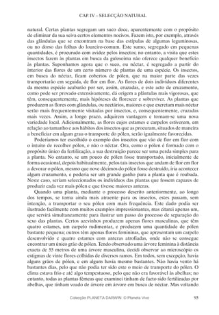 95
CAP. IV – SELECÇÃO NATURAL
natural. Certas plantas segregam um suco doce, aparentemente com o propósito
de eliminar da sua seiva certos elementos nocivos. Fazem isto, por exemplo, através
das glândulas que se encontram na base das estípulas de algumas leguminosas,
ou no dorso das folhas do loureiro-comum. Este sumo, segregado em pequenas
quantidades, é procurado com avidez pelos insectos; no entanto, a visita que estes
insectos fazem às plantas em busca da guloseima não oferece qualquer benefício
às plantas. Suponhamos agora que o suco, ou néctar, é segregado a partir do
interior das flores de um certo número de plantas de uma espécie. Os insectos,
em busca do néctar, ficam cobertos de pólen, que na maior parte das vezes
transportarão em seguida, de flor em flor. As flores de dois indivíduos diferentes
da mesma espécie acabarão por ser, assim, cruzadas, e este acto de cruzamento,
como pode ser provado extensivamente, dá origem a plântulas mais vigorosas, que
têm, consequentemente, mais hipóteses de florescer e sobreviver. As plantas que
produzem as flores com glândulas, ou nectários, maiores e que excretam mais néctar
serão mais frequentemente visitadas por insectos, e, consequentemente, cruzadas
mais vezes. Assim, a longo prazo, adquirem vantagens e tornam-se uma nova
variedade local. Adicionalmente, as flores cujos estames e carpelos estiverem, em
relação ao tamanho e aos hábitos dos insectos que as procuram, situados de maneira
a beneficiar em algum grau o transporte do pólen, serão igualmente favorecidas.
Poderíamos ter escolhido o exemplo dos insectos que vão de flor em flor com
o intuito de recolher pólen, e não o néctar. Ora, como o pólen é formado com o
propósito único da fertilização, a sua destruição parece ser uma perda simples para
a planta. No entanto, se um pouco de pólen fosse transportado, inicialmente de
forma ocasional, depois habitualmente, pelos tais insectos que andam de flor em flor
a devorar o pólen, mesmo que nove décimos do pólen fosse destruído, iria acontecer
algum cruzamento, e poderia ser um grande ganho para a planta que é roubada.
Neste caso, seriam seleccionados os indivíduos das plantas que fossem capazes de
produzir cada vez mais pólen e que tivesse maiores anteras.
Quando uma planta, mediante o processo descrito anteriormente, ao longo
dos tempos, se torna ainda mais atraente para os insectos, estes passam, sem
intenção, a transportar o seu pólen com mais frequência. Este dado podia ser
ilustrado facilmente com muitos exemplos impressionantes, mas citarei apenas um,
que servirá simultaneamente para ilustrar um passo do processo de separação do
sexo das plantas. Certos azevinhos produzem apenas flores masculinas, que têm
quatro estames, um carpelo rudimentar, e produzem uma quantidade de pólen
bastante pequena; outros têm apenas flores femininas, que apresentam um carpelo
desenvolvido e quatro estames com anteras atrofiadas, onde não se consegue
encontrar um único grão de pólen. Tendo observado uma árvore feminina à distância
exacta de 55 metros de uma árvore masculina, decidi observar ao microscópio os
estigmas de vinte flores colhidas de diversos ramos. Em todos, sem excepção, havia
alguns grãos de pólen, e em alguns havia mesmo bastantes. Não havia vento há
bastantes dias, pelo que não podia ter sido este o meio de transporte do pólen. O
clima estava frio e até algo tempestuoso, pelo que não era favorável às abelhas; no
entanto, todas as plantas fêmeas que examinei tinham de facto sido fertilizadas por
abelhas, que tinham voado de árvore em árvore em busca de néctar. Mas voltando
Colecção PLANETA DARWIN: © Planeta Vivo
 