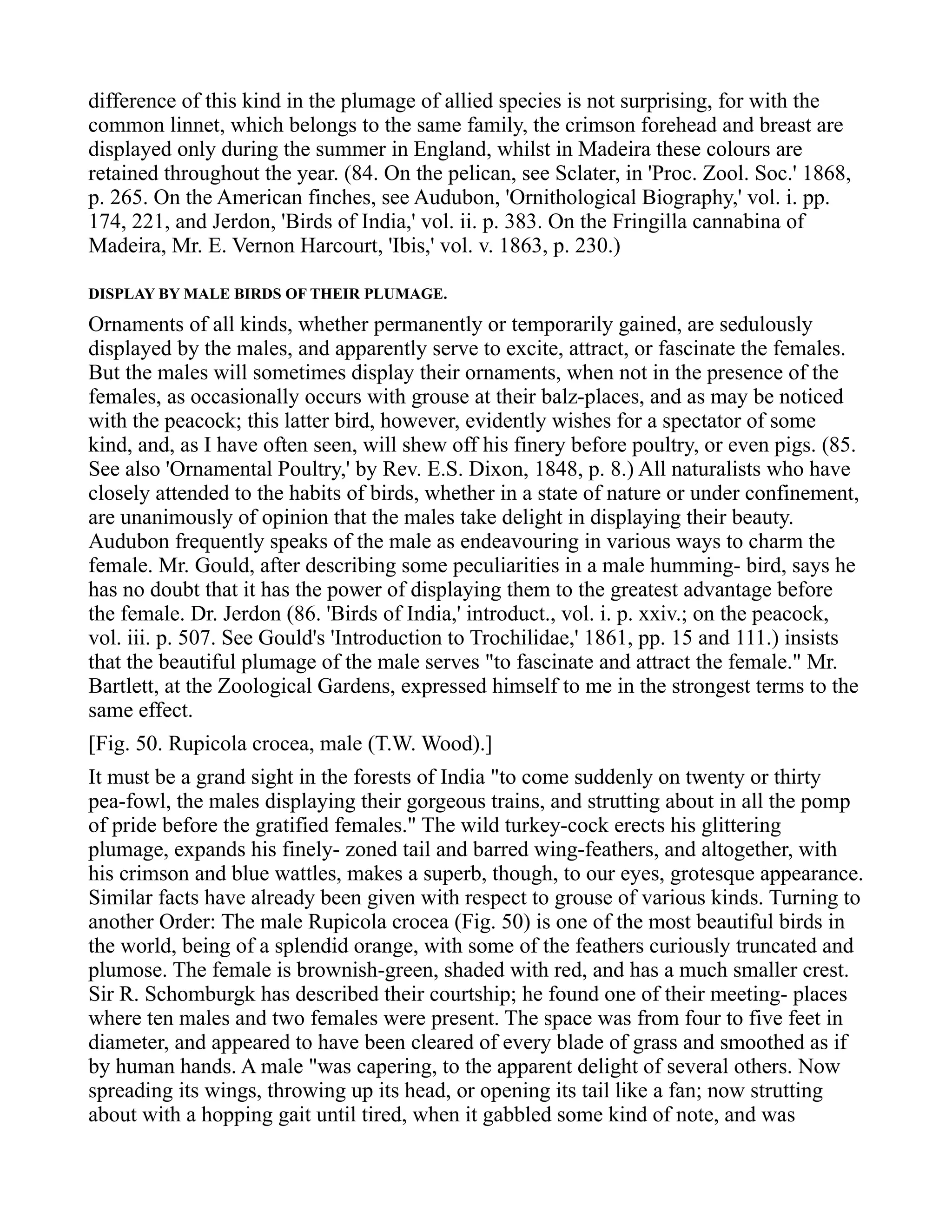 difference of this kind in the plumage of allied species is not surprising, for with the
common linnet, which belongs to the same family, the crimson forehead and breast are
displayed only during the summer in England, whilst in Madeira these colours are
retained throughout the year. (84. On the pelican, see Sclater, in 'Proc. Zool. Soc.' 1868,
p. 265. On the American finches, see Audubon, 'Ornithological Biography,' vol. i. pp.
174, 221, and Jerd