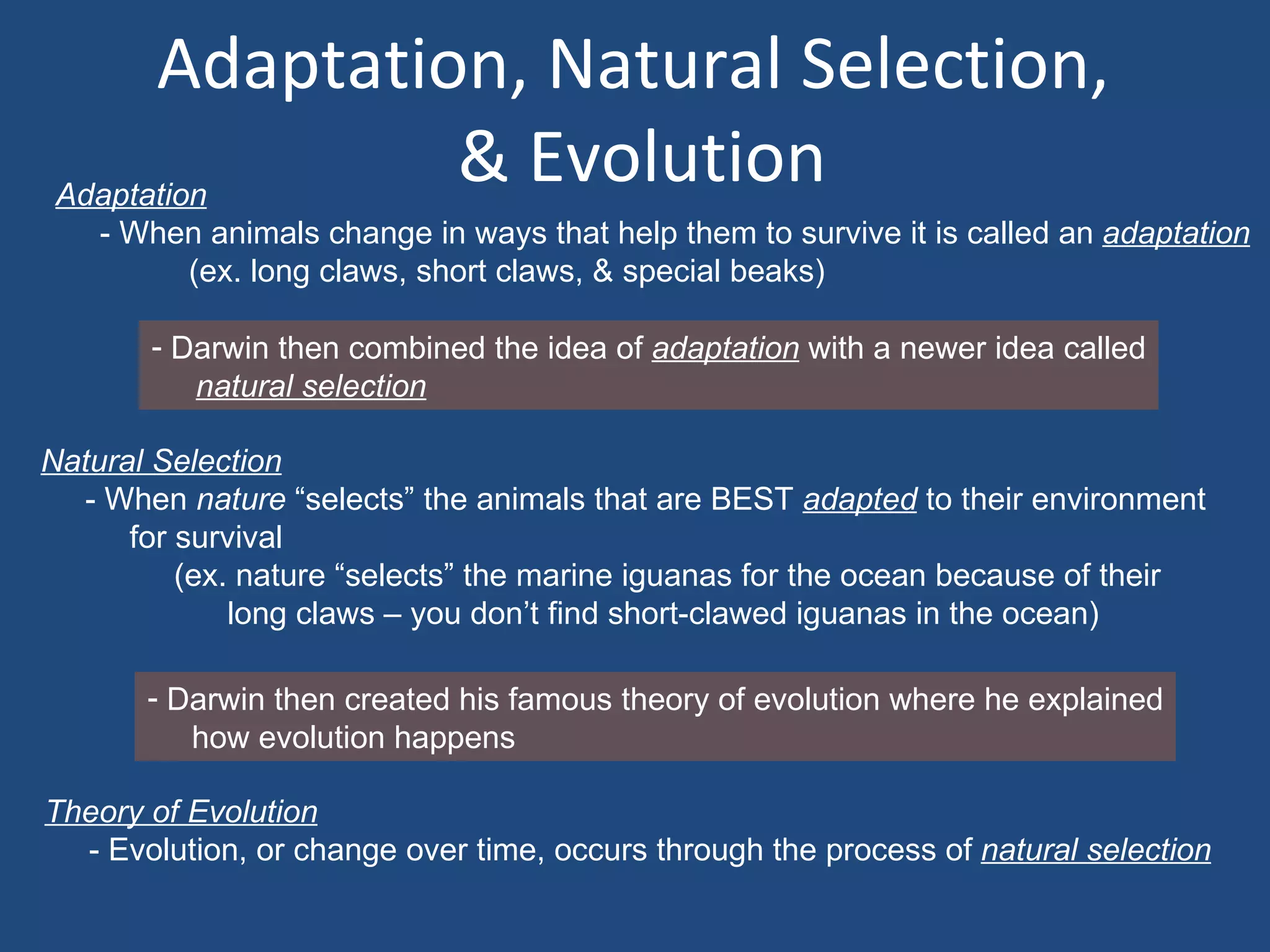 Adaptation, Natural Selection,
 Adaptation
                & Evolution
    - When animals change in ways that help them to survive it is called an adaptation
         (ex. long claws, short claws, & special beaks)

       - Darwin then combined the idea of adaptation with a newer idea called
          natural selection

Natural Selection
  - When nature “selects” the animals that are BEST adapted to their environment
      for survival
          (ex. nature “selects” the marine iguanas for the ocean because of their
              long claws – you don’t find short-clawed iguanas in the ocean)

       - Darwin then created his famous theory of evolution where he explained
          how evolution happens

Theory of Evolution
  - Evolution, or change over time, occurs through the process of natural selection
 