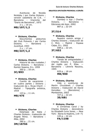 Guía de lectura- Charles Dickens
                                    BIBLIOTECA DIPUTACIÓN PROVINCIAL A CORUÑA
      Aventuras     de   Nicolás
Nickleby / por Carlos Dickens ;
versión castellana de C.N.. --          -   Dickens, Charles
Barcelona     :  Imprenta    del             Dombey e hijo / Charles
"Diario de Barcelona", 1872            Dickens.    --    Barcelona :
      2 v. ; 19 cm.                    Ediciones del Azar, 2002
MB/197/1,2                                   887 p. ; 22 cm

                                       3T/514

 -  Dickens, Charles                    -  Dickens, Charles
      Documentos      póstumos               Nuestro común amigo /
del Club Pickwick / por Carlos         Charles Dickens ; traducción de
Dickens.     --   Barcelona  :         C. Miró. -- Madrid : Espasa
Juventud, 1943                         Calpe, D.L. 2002
      2 v. ; 17 cm.                          698 p. ; 22 cm.
MB/227/1,2                             3T/652

                                        -  Dickens, Charles
 -  Dickens, Charles                         Tienda de antigüedades /
                                       Charles Dickens ; traducción
      Historia de dos ciudades /
Carlos Dickens. -- Barcelona :         del inglés por P. Elías. --
Ramón Sopena, D.L. 1959                Barcelona : Librería Nausica,
      360 p. ; 18 cm.                  1945
3C/893                                       629 p. ; 18 cm
                                             MB/900

 -  Dickens, Charles
                                        -  Dickens, Charles
      Cuento de vacaciones :
en cuatro partes / Dickens ;                 Vida y aventuras de
traducción de c. Rivas Cherif. --      Martin Chuzzlewit / Charles
Madrid : Tipografía artística,         Dickens ; traducción de David
1919                                   González. -- [Barcelona] :
      123 p. ; 11 cm.                  Montesinos, 2003
MB/475                                       727 p. ; 22 cm
                                             3S/681

                                        -  Dickens, Charles
                                             A Christmas Carol / by
 -  Dickens, Charles                   Charles Dickens ; decorations
                                       by Elizabeth Ivins Jones. -- New
      Estampas de Italia /
Charles Dickens ; traducción de        York : Barse & Hopkins, [19--?]
Angela Pérez. -- Barcelona :                 145 p. ; 22 cm
Alba, 2002                                   FA/1198
      280 p. ; 21 cm.
3M/18766

                                                                          11
 