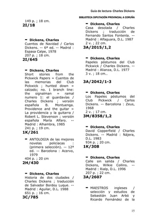 Guía de lectura- Charles Dickens
                                 BIBLIOTECA DIPUTACIÓN PROVINCIAL A CORUÑA
149 p. ; 18 cm.
2I/18                                -  Dickens, Charles
                                     Casa desolada / Charles
                                     Dickens    ;   traducción   de
                                     Fernando Santos Fontenla. --
-  Dickens, Charles                  Madrid : Alfaguara, D.L. 1987
Cuentos de Navidad / Carlos          2 v. ; 22 cm.
Dickens. -- 6ª ed. -- Madrid :      3A/2015/1,2
Espasa Calpe, 1978
207 p. ; 18 cm.
2I/645                               -  Dickens, Charles
                                     Papeles póstumos del Club
                                     Pickwick / Charles Dickens. --
-   Dickens, Charles                 Madrid : Alianza, D.L. 1977
Short     stories  from    the       3 v. ; 18 cm..
Pickwick Papers = Cuentos de
las    memorias     del   Club      3A/2042/1-3
Pickwick ; hunted down =
calzado; no. 1 branch line:
the    signalman    =   ramal        -  Dickens, Charles
numero 1: el guardavías /            Los Papeles póstumos del
Charles Dickens ; versión            Club    Pickwick   /   Carlos
española      B.  Montuenga.         Dickens. -- Barcelona : Zeus,
Providence and the guitar =          1968
La providencia y la guitarra /       2 v. ; 17 cm.
Robert L. Stevenson ; versión       3M/8358/1,2
española María Alfaro. --
Madrid : Alhambra, 1985
241 p. ; 19 cm.                      -  Dickens, Charles
                                     David Copperfield / Charles
1K/261
                                     Dickens. -- Madrid : Nájera,
- ANTOLOGIA de las mejores           D.L. 1983
                                     934 p. ; 20 cm.
  novelas      policíacas   :
  (primera selección). -- 12ª       1K/308
  ed. -- Barcelona : Acervo,
  1979
404 p. ; 20 cm                       -  Dickens, Charles
                                     Calle sin salida / Charles
2H/430
                                     Dickens, Wilkie Collins. --
                                     Madrid : Rialp, D.L. 1996
-  Dickens, Charles                  207 p. ; 22 cm.
Historia de dos ciudades /          3A/2607
Charles Dickens ; traducción
de Salvador Bordoy Luque. --
Madrid : Aguilar, D.L. 1988          -   MAESTROS     ingleses /
651 p. ; 16 cm.                          selección y estudios de
                                         Sebastián Juan Arbó y
3C/785
                                         Ricardo Fernández de la


                                                                       15
 