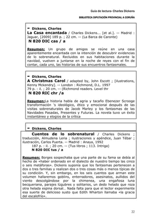 Guía de lectura- Charles Dickens
                                   BIBLIOTECA DIPUTACIÓN PROVINCIAL A CORUÑA



  -   Dickens, Charles
  La Casa encantada / Charles Dickens... [et al.]. -- Madrid :
  Jaguar, [2009] 189 p. ; 22 cm. -- (La Barca de Caronte)
   N 820 DIC cas / a

  Resumen: Un grupo de amigos se reúne en una casa
  aparentemente encantada con la intención de descubrir evidencias
  de lo sobrenatural. Recluidos en sus habitaciones durante la
  navidad, vuelven a juntarse en la noche de reyes con el fin de
  contar, cada uno, las historias de sus encuentros fantasmales.


  -   Dickens, Charles
  A Christmas Carol / adapted by, John Escott ; [ilustrations,
  Kenny Mckendry]. -- London : Richmond, D.L. 1997
  79 p. : il. ; 20 cm. -- (Richmond readers. Level thr
   N 820 RIC chr /a

  Resumen:La historia habla de agria y tacaño Ebenezer Scrooge
  transformación 's ideológico, ético y emocional después de las
  visitas sobrenaturales de Jacob Marley y los fantasmas de las
  Navidades Pasadas, Presentes y Futuras. La novela tuvo un éxito
  instantáneo y elogios de la crítica


  -   Dickens, Charles
      Cuentos de lo sobrenatural / Charles Dickens ;
traducción, Almudena Leria ; ilustraciones y apéndice, Juan Tébar ;
ilustración, Carlos Puerta. -- Madrid : Anaya, 1992
       187 p. : il. ; 20 cm. -- (Tus libros ; 113. Intriga)
       N 820 DIC tus / a

Resumen: Borges sospechaba que una parte de su fama se debía al
hecho de «haber ordenado en el dialecto de nuestro tiempo las cinco
o seis metáforas». Dickens suponía que los fantasmas pertenecen a
dos o tres familias y realizan dos o tres cosas más o menos típicas de
su condición. Y, sin embargo, en los seis cuentos que arman este
volumen hallaremos goblins, enterradores, asesinatos, aullidos del
viento descolgándose por la chimenea, una engañosa luna
becqueriana, parajes lúgubres y solitarios, un dedo helado que roza
otra helada espina dorsal… Nada falta para que el lector experimente
esa suerte de delicioso susto que Edith Wharton llamaba «la gracia
del escalofrío».



                                                                         22
 