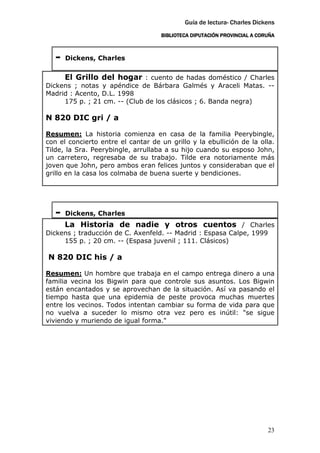 Guía de lectura- Charles Dickens
                                    BIBLIOTECA DIPUTACIÓN PROVINCIAL A CORUÑA



   -   Dickens, Charles


     El Grillo del hogar : cuento de hadas doméstico / Charles
Dickens ; notas y apéndice de Bárbara Galmés y Araceli Matas. --
Madrid : Acento, D.L. 1998
     175 p. ; 21 cm. -- (Club de los clásicos ; 6. Banda negra)

N 820 DIC gri / a

Resumen: La historia comienza en casa de la familia Peerybingle,
con el concierto entre el cantar de un grillo y la ebullición de la olla.
Tilde, la Sra. Peerybingle, arrullaba a su hijo cuando su esposo John,
un carretero, regresaba de su trabajo. Tilde era notoriamente más
joven que John, pero ambos eran felices juntos y consideraban que el
grillo en la casa los colmaba de buena suerte y bendiciones.




   -   Dickens, Charles
       La Historia de nadie y otros cuentos / Charles
Dickens ; traducción de C. Axenfeld. -- Madrid : Espasa Calpe, 1999
     155 p. ; 20 cm. -- (Espasa juvenil ; 111. Clásicos)

N 820 DIC his / a

Resumen: Un hombre que trabaja en el campo entrega dinero a una
familia vecina los Bigwin para que controle sus asuntos. Los Bigwin
están encantados y se aprovechan de la situación. Así va pasando el
tiempo hasta que una epidemia de peste provoca muchas muertes
entre los vecinos. Todos intentan cambiar su forma de vida para que
no vuelva a suceder lo mismo otra vez pero es inútil: "se sigue
viviendo y muriendo de igual forma."




                                                                          23
 