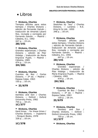 Guía de lectura- Charles Dickens
                                 BIBLIOTECA DIPUTACIÓN PROVINCIAL A CORUÑA

 • Libros
-  Dickens, Charles                  -  Dickens, Charles
Tiempos difíciles para estos         Sketches by "boz" / Charles
tiempos / Charles Dickens ;          Dickens. -- Londres : R.E.
edición de Fernando Galván ;         King & Co Ltd., 1850
traducción de Amando Lázaro          348 p. ; 18 cm.
Ros, revisada y corregida por
Fernando Galván. -- Madrid :
Cátedra, D.L. 1992                   -  Dickens, Charles
447 p. ; 19 cm.                           Tiempos    difíciles para
2B/141                              estos tiempos / Charles Dickens
                                    ; edición de Fernando Galván ;
-  Dickens, Charles                 traducción de Amando Lázaro
Grandes esperanzas / Charles        Ros, revisada y corregida por
Dickens ; edición de Pilar          Fernando Galván. -- Madrid :
Hidalgo ; traducción de María       Cátedra, D.L. 1992
Engracia Pujals. -- Madrid :              447 p. ; 19 cm.
Cátedra, 1985                        2B/141
474 p. ; 19 cm.
2H/301                               -   Dickens, Charles
                                          Grandes    esperanzas    /
                                    Charles Dickens ; edición de
-  Dickens, Charles                 Pilar Hidalgo ; traducción de
Cuentos de Boz / Carlos             María Engracia Pujals. -- Madrid
Dickens. -- 3ª ed. -- Madrid :      : Cátedra, 1985
Espasa Calpe, 1963                        474 p. ; 19 cm.
150 p. ; 18 cm.                       2H/301
-   2I/679
                                     -  Dickens, Charles
                                         Cuentos de Boz / Carlos
-  Dickens, Charles                 Dickens. -- 3ª ed. -- Madrid :
Dombey and Son / Charles            Espasa Calpe, 1963
Dickens. -- Oxford : Oxford              150 p. ; 18 cm.
University Press, 1982               2I/679
755 p. ; 18 cm.
1C/377
-  Dickens, Charles
                                     -  Dickens, Charles
                                          Dombey     and    Son   /
Hard times : for these times /      Charles Dickens. -- Oxford :
Charles Dickens. -- Inglaterra      Oxford University Press, 1982
: Penguin Books, 1978                     755 p. ; 18 cm.
328 p. ; 18 cm.                      1C/377
1C/378                               -   Dickens, Charles


                                                                        6
 