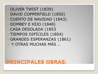    OLIVER TWIST (1839)
   DAVID COPPERFIELD (1850)
   CUENTO DE NAVIDAD (1843)
   DOMBEY E HIJO (1848)
   CASA DESOLADA (1853
   TIEMPOS DIFÍCILES (1854)
   GRANDES ESPERANZAS (1861)
    Y OTRAS MUCHAS MÁS …



PRINCIPALES OBRAS.
 