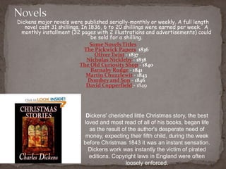 Dickens major novels were published serially-monthly or weekly. A full length
novel cost 31 shillings. In 1836, 6 to 20 shillings were earned per week. A
monthly installment (32 pages with 2 illustrations and advertisements) could
be sold for a shilling.
Some Novels Titles
The Pickwick Papers 1836
Oliver Twist - 1837
Nicholas Nickleby - 1838
The Old Curiosity Shop - 1840
Barnaby Rudge - 1841
Martin Chuzzlewit - 1843
Dombey and Son - 1846
David Copperfield - 1849
Dickens' cherished little Christmas story, the best
loved and most read of all of his books, began life
as the result of the author's desperate need of
money, expecting their fifth child, during the week
before Christmas 1843 it was an instant sensation.
Dickens work was instantly the victim of pirated
editions. Copyright laws in England were often
loosely enforced.
 