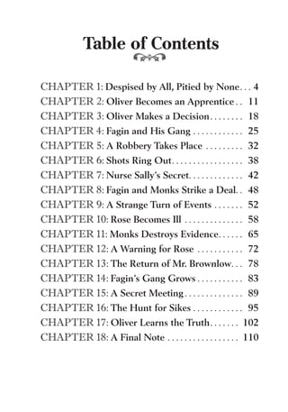 Table of Contents
CHAPTER 1: Despised by All, Pitied by None. . . 4
CHAPTER 2: Oliver Becomes an Apprentice . . 11
CHAPTER 3: Oliver Makes a Decision. . . . . . . . 18
CHAPTER 4: Fagin and His Gang . . . . . . . . . . . . 25
CHAPTER 5: A Robbery Takes Place . . . . . . . . . 32
CHAPTER 6: Shots Ring Out. . . . . . . . . . . . . . . . . 38
CHAPTER 7: Nurse Sally’s Secret. . . . . . . . . . . . . 42
CHAPTER 8: Fagin and Monks Strike a Deal. . 48
CHAPTER 9: A Strange Turn of Events . . . . . . . 52
CHAPTER 10: Rose Becomes Ill . . . . . . . . . . . . . . 58
CHAPTER 11: Monks Destroys Evidence. . . . . . 65
CHAPTER 12: A Warning for Rose . . . . . . . . . . . 72
CHAPTER 13: The Return of Mr. Brownlow. . . 78
CHAPTER 14: Fagin’s Gang Grows . . . . . . . . . . . 83
CHAPTER 15: A Secret Meeting. . . . . . . . . . . . . . 89
CHAPTER 16: The Hunt for Sikes . . . . . . . . . . . . 95
CHAPTER 17: Oliver Learns the Truth. . . . . . . 102
CHAPTER 18: A Final Note . . . . . . . . . . . . . . . . . 110
 