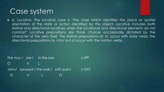 Case system
 6. Locative. The locative case is “the case which identifies the place or spatial
orientation of the state or action identified by the object. Locative includes both
stative and directional locatives when the locational and directional elements do not
contrast” Locative prepositions are those choices occasionally dictated by the
character of the verb itself. The stative prepositions at, in, occur with state verbs; the
directional prepositions to, into/ out of occur with the motion verbs.
The toys / are / in the box L=PP
O V L
John/ sprayed / the wall / with paint L=DO
D V L O
 