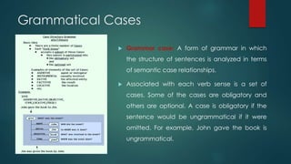 Grammatical Cases
 Grammar case: A form of grammar in which
the structure of sentences is analyzed in terms
of semantic case relationships.
 Associated with each verb sense is a set of
cases. Some of the cases are obligatory and
others are optional. A case is obligatory if the
sentence would be ungrammatical if it were
omitted. For example, John gave the book is
ungrammatical.
 