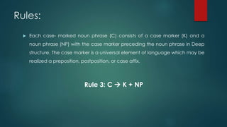 Rules:
 Each case- marked noun phrase (C) consists of a case marker (K) and a
noun phrase (NP) with the case marker preceding the noun phrase in Deep
structure. The case marker is a universal element of language which may be
realized a preposition, postposition, or case affix.
Rule 3: C  K + NP
 