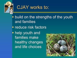 CJAY works to:
 build on the strengths of the youth
and families
 reduce risk factors
 help youth and
families make
healthy changes
and life choices
 