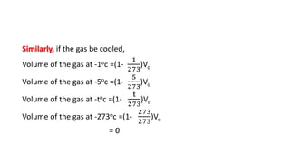 Similarly, if the gas be cooled,
Volume of the gas at -1oc =(1-
1
273
)Vo
Volume of the gas at -5oc =(1-
5
273
)Vo
Volume of the gas at -toc =(1-
t
273
)Vo
Volume of the gas at -273oc =(1-
273
273
)Vo
= 0
 