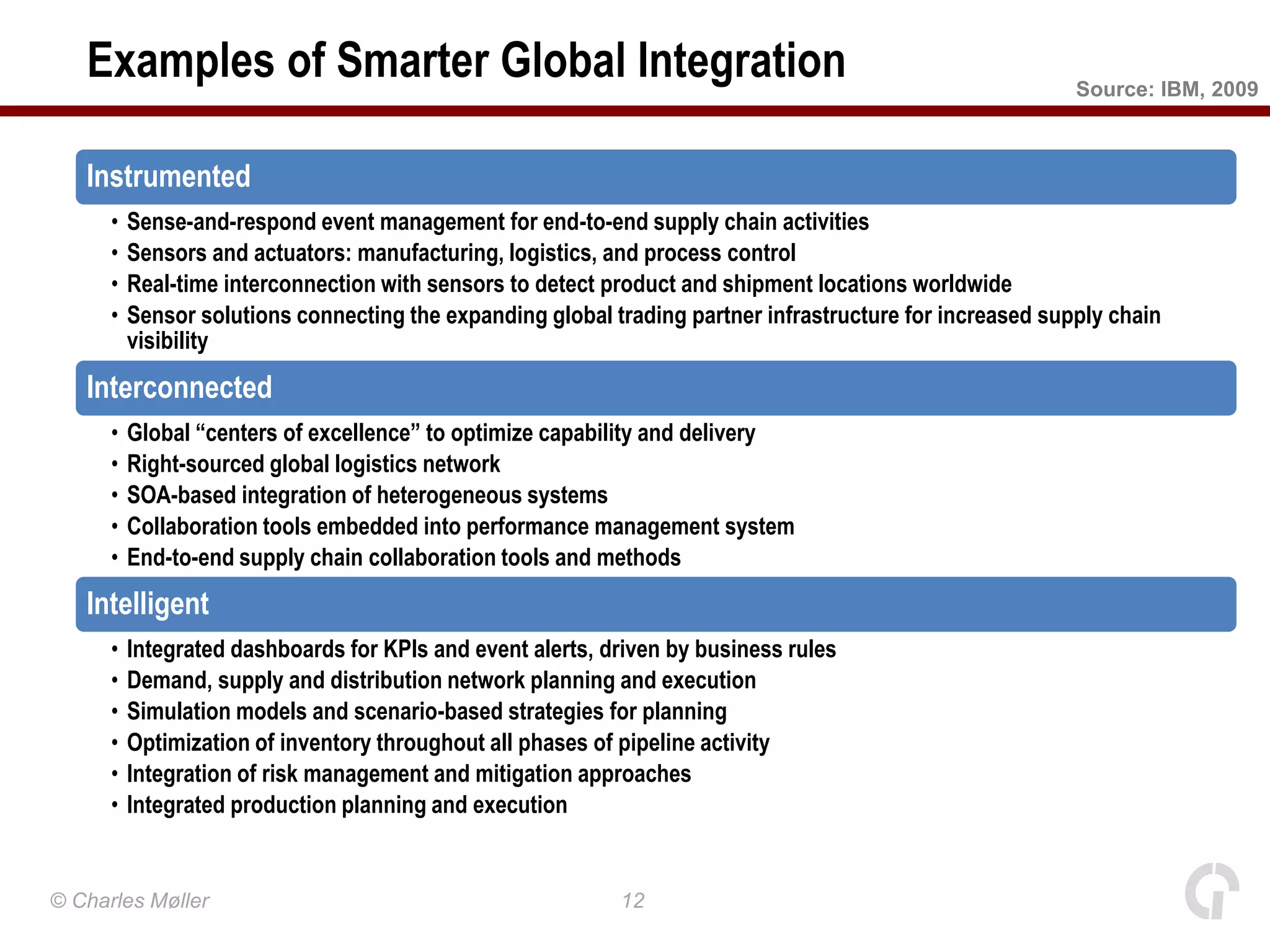 Examples of Smarter Global Integration                                                                  Source: IBM, 2009



   Instrumented
      •   Sense-and-respond event management for end-to-end supply chain activities
      •   Sensors and actuators: manufacturing, logistics, and process control
      •   Real-time interconnection with sensors to detect product and shipment locations worldwide
      •   Sensor solutions connecting the expanding global trading partner infrastructure for increased supply chain
          visibility
   Interconnected
      •   Global “centers of excellence” to optimize capability and delivery
      •   Right-sourced global logistics network
      •   SOA-based integration of heterogeneous systems
      •   Collaboration tools embedded into performance management system
      •   End-to-end supply chain collaboration tools and methods
   Intelligent
      •   Integrated dashboards for KPIs and event alerts, driven by business rules
      •   Demand, supply and distribution network planning and execution
      •   Simulation models and scenario-based strategies for planning
      •   Optimization of inventory throughout all phases of pipeline activity
      •   Integration of risk management and mitigation approaches
      •   Integrated production planning and execution


© Charles Møller                                            12
 