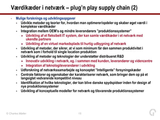 Værdikæder i netværk – plug’n play supply chain (2)
   •   Mulige forsknings og udviklingsopgaver
        Udvikle metoder og teorier for, hvordan man optimerer/opdeler og skaber øget værdi i
          komplekse værdikæder
        Integration mellem OEM’s og mindre leverandørers ”produktionssystemer”
           Udvikling af et fleksibelt IT system, der kan samle værdikæder i et netværk med
             ukendte partnere
           Udvikling af en virtuel markedsplads til hurtig udbygning af netværk
        Udvikling af metoder, der sikrer, at vi som minimum får den sammen produktivitet i
          netværk som i forhold til single location produktion
        Udvikling af metoder og teknologier der understøtter distribueret R&D
           Innovativ udvikling i netværk, eg. i sammen med kunden, leverandører og videncentre
           Integration af teknologileverandører i udvikling
        Udforskning af netværkssamarbejde og konceptet ”Intelligente” forsyningskæder
        Centrale faktorer og egenskaber der karakteriserer netværk, som bringer dem op på et
          langsigtet vedvarende kompetitivt niveau
        Identifikation af hvilke teknologier, der kan blive danske spydspidser inden for design af
          nye produktionssystemer
        Udvikling af konceptuelle modeller for netværk og tilsvarende produktionssystemer




© Charles Møller                                15
 