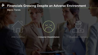 Financials Growing Despite an Adverse Environment 
Macro Trends 
2008 Correction CCoonnssuummeerr DDiissssaattiissffaaccttiioonn Regulatory Overhang 
 
