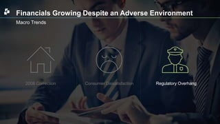 Financials Growing Despite an Adverse Environment 
Macro Trends 
2008 Correction Consumer Dissatisfaction RReegguullaattoorryy OOvveerrhhaanngg 
 