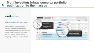 Motif Investing brings complex portfolio 
optimization to the masses 
Make any motif your own 
Want to modify a motif to better 
suit your interests or your existing 
portfolio? No problem. We give you the 
tools to easily customize any motif. 
Add and remove stocks, change 
weightings – all at no additional cost. 
 