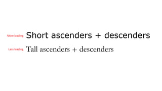 Short ascenders + descenders
Tall ascenders + descenders
More leading
Less leading
 