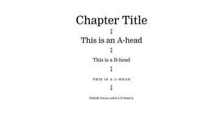 Chapter Title
↧
This is an A-head
↧
This is a B-head
↧
This is a C -head
↧
Nobody knows what a D-head is.
 